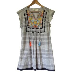 Womens Sz M Gray Striped Dress Embroidered Floral Design BOHO Festival Fairy